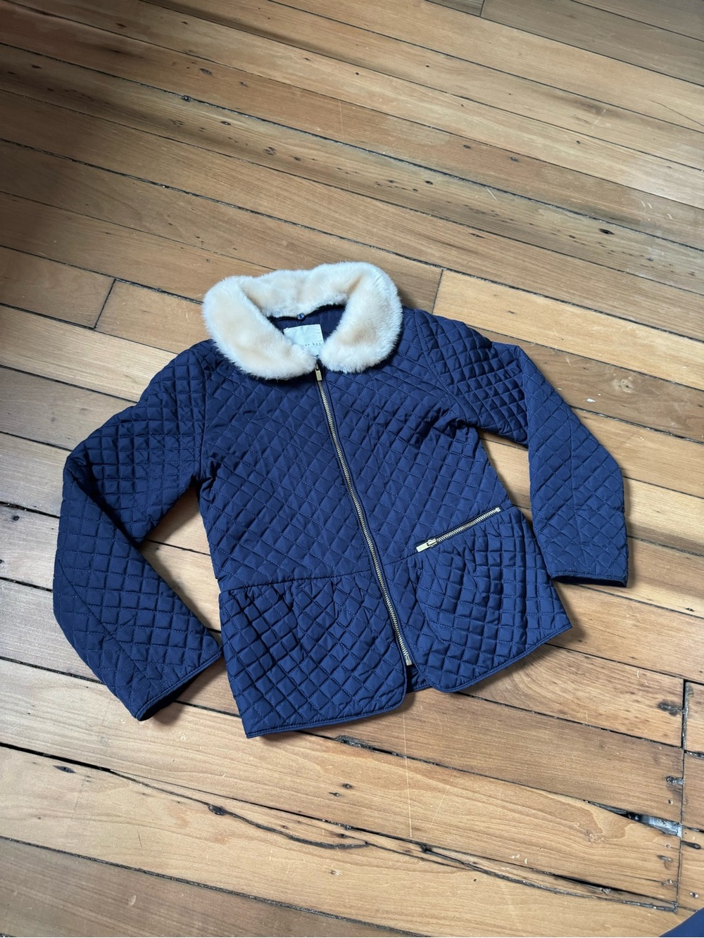 Copper Key Quilted Navy Jacket with Cream Faux Fur Collar